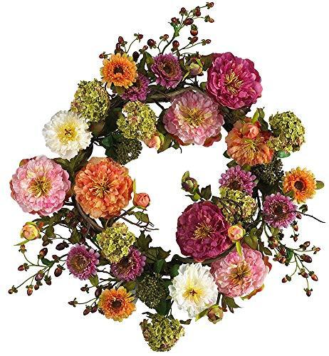 Nearly Natural 24in. Peony Wreath 24 inches round Mixed (Renewed)