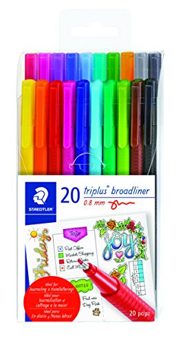 STAEDTLER triangular broad liner, triplus broadliner, 0.8mm metal-clad tip, journaling and hand lettering pen, set of 20 assorted colors, 338 TB20A6