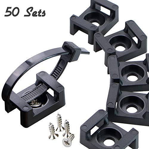 FANDIQ Cable Tie Saddle Screw and Zip tie, 50 Sets 9 mm / 0.35 in Black Type Mount Wire Holder Cable Management Zip Tie Anchors, Durability Pro-grade UV Wire Holder