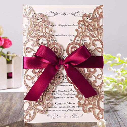 Hosmsua 20x Laser Cut Lace Rose Drill Wedding Invitation Cards 5 x 7.2 with Burgundy Ribbon and Envelopes for Bridal Shower Engagement Birthday Graduation Party (Rose Gold Glitter)