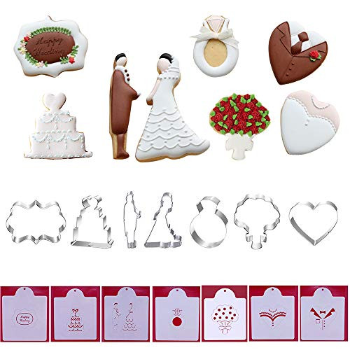 Wedding Cookie Cutters with Matching Cookie Stencils - Set of 14-7Pcs Cookie Cutter and 7Pcs Stencils, Include Bridegroom, Bride, Bouquet Flower, Diamond Ring, Plaque Frame, Wedding Cake, and Heart Wedding Cookie Cutters with Matching Cookie Stencils - Set of 14-7Pcs Cookie Cutter and 7Pcs Stencils, Include Bridegroom, Bride, Bouquet Flower, Diamond Ring, Plaque Frame, Wedding Cake, and Heart