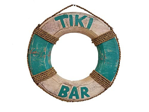 All Seas Imports 11" x 10.5" HANDCARVED & Painted Wood Distressed Look Aqua Color Tiki BAR Nautical Decor Life Ring Sign!
