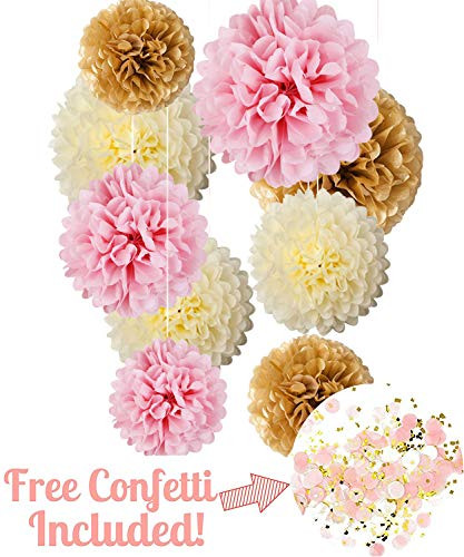 15 Pcs Party Tissue Paper Pom Poms Kit (14", 10", 8", 6" Paper Flowers) for Wedding, Birthday, Baby Shower, Bachelorette, Nursery Decor, Khaki,Ivory,Pink