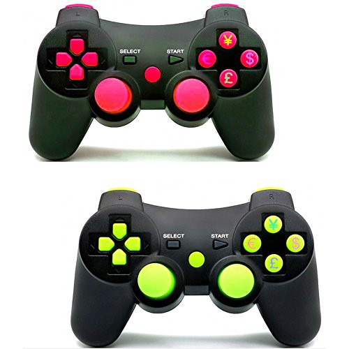 Pack of 2 PomeMall PS3 Wireless Controller Gamepad Bluetooth Doublelshock Joystick Sixaxis Remote for Sony Playstation 3 PS3 (Red+Green)