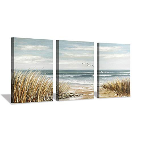 Hardy Gallery Abstract Beach Picture Wall Art: Coastal Grass Seascape Artwork Print on Canvas for Walls (12x16x3pcs)