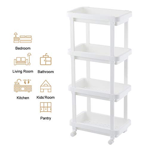 Afruey Rolling Organizer Storage Cart - 4 Tier Rolling Slim Laundry Cart Bathroom Shelves Organizer with Wheels for Bathroom Laundry Pantry Kitchen Narrow Places