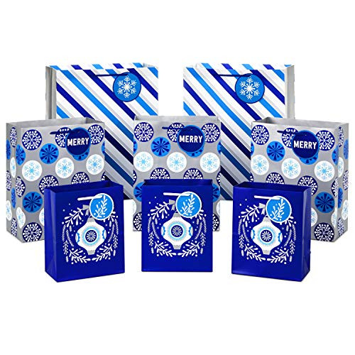 Hallmark Holiday Gift Bag Assortment, Blue and Silver (Pack of 8 Gift Bags; 3 Small 6", 3 Medium 9", 2 Large 13") Ornaments, Snowflakes, Stripes Hallmark Holiday Gift Bag Assortment, Blue and Silver (Pack of 8 Gift Bags; 3 Small 6", 3 Medium 9", 2 Large 13") Ornaments, Snowflakes, Stripes