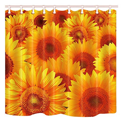 Shocur Sunflower Shower Curtain, Pretty Yellow Sun Florals, Spring Rustic Farmhouse Plant, 72 x 72 Inches Nature Theme Bath Curtain, Polyester Fabric Bathroom Decor Set with 12 Hooks