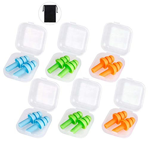 6 Pairs Reusable Silicone Ear Plugs, Waterproof Noise Reduction Earplugs for Sleeping, Swimming, Snoring, Concerts, 32dB Highest NRR, 3 Colors with Bonus Travel Pouch.
