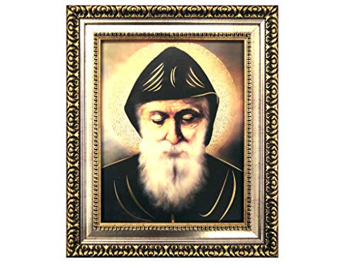 MEXICANDOO Saint Charbel Makhlouf Framed Print (Cuadro de San Charbel) 11x13 inch with Golden and Silver Plated Finish Catholic Religious Wall Art Decoration