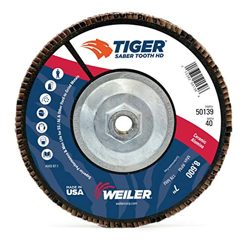 Weiler 50139 Saber Tooth High Density Abrasive Flap Disc, Flat, Phenolic Backing, 5/8" - 11 Arbor, Ceramic, 7" Diameter, 40 Grit
