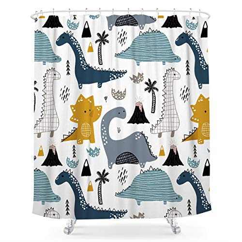 LIGHTINHOME Cartoon Dinosaur Shower Curtain 60Wx72L Funny Animal Graffiti Cute Dino Jurassic Children Kids Fabric Waterproof Bathroom Home Decor 12 Plastic Hooks