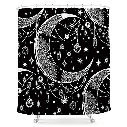 LIGHTINHOME Mandala Celestial Shower Curtain 60Wx72L Inch Boho Moon Star Black and White Fabric Waterproof Bathroom Home Decor 12 Plastic Hooks