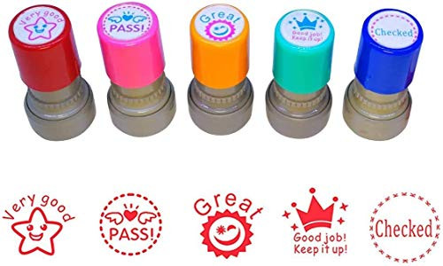 YQBOOM 5pcs Different Styles Teacher Stamps for School,Self-Inking Rubber Stamps School Stamps for Kids Education Teachers Review School Prizes