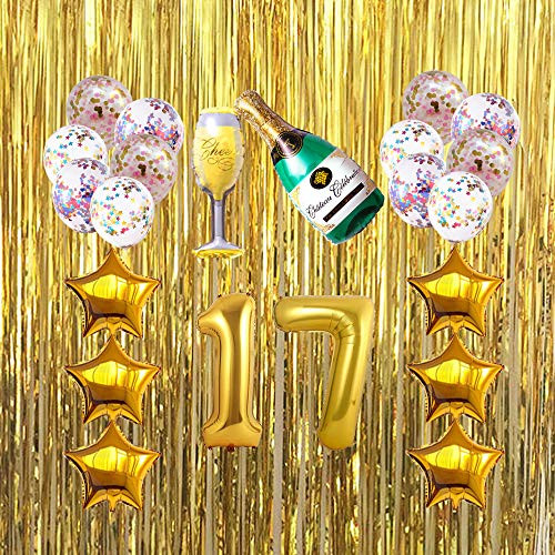 17th Birthday Party Balloons Decorations, Gold Number 17 Foil Mylar Balloons, 17th Birthday/Wedding Anniversary Party Sign Supplies