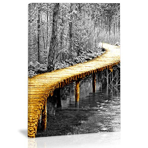 Black and White Golden Tree Leaf Bridge River Wall Art Decor Canvas Painting Kitchen Prints Pictures for Home Living Dining Room