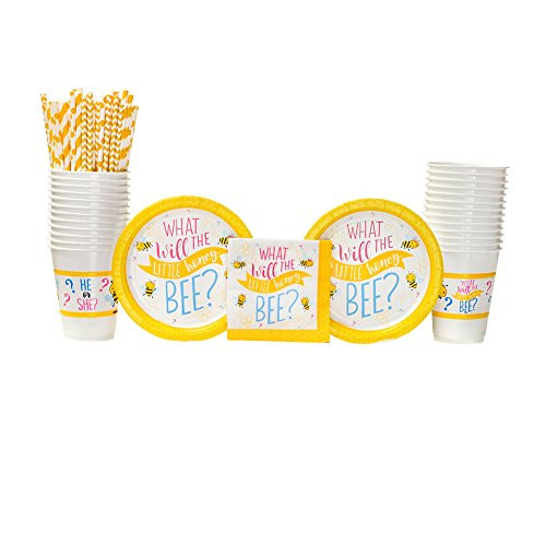 What Will It Bee? Party Supplies Pack for 16 Guests: Straws, Dessert Plates, Beverage Napkins, and Cups What Will It Bee? Party Supplies Pack for 16 Guests: Straws, Dessert Plates, Beverage Napkins, and Cups