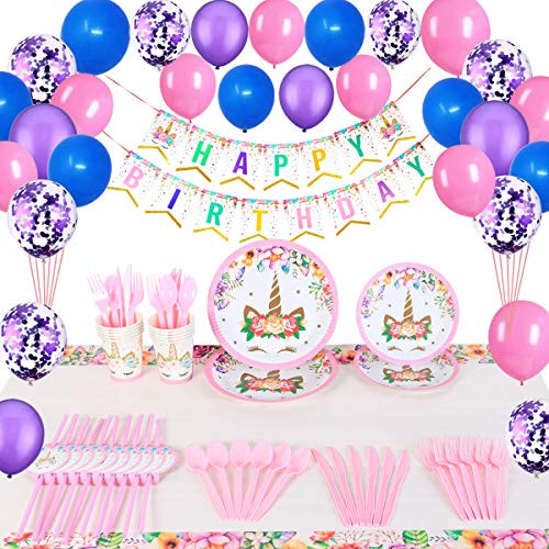 Unicorn Birthday Party Supplies Decorations Set- Serves 10- Unicorn Birthday Packs Includes Flatware, Spoons, Forks, Plates, Tablecloth, Cups, Straws, Balloons, Banner, for Girl's Kid's with Disposable Tableware Cutlery