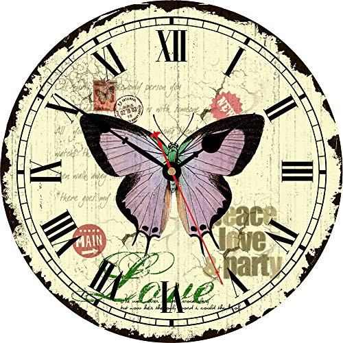 VIKMARI 14 Inch Quartz Movement Wall Clock - Silent Battery Operated Wall Clock - Round Wooden Vintage Wall Clocks for Kitchen,Living Room,Dining Room and Bedroom - Beautiful Butterfly Style