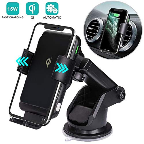 Wireless Car Charger,15W Qi Fast Charging Auto-Clamping Car Mount,Windshield Dash Air Vent Phone Holder Compatible iPhone 11/11 Pro/11Pro Max/Xs MAX/XS/XR/X/8/8+,Samsung S10/S10+/S9/S9+/S8/S8+ (Grey)