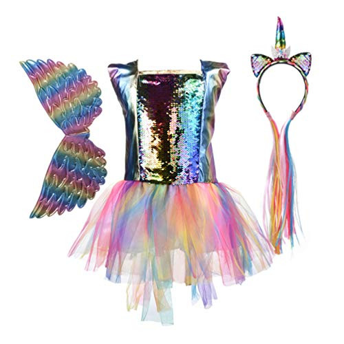 FENICAL Unicorn Costume Tutu Skirt Sequins Princess Party Dress with Unicorn Headband and Wing for Baby Kids Girls Rainbow