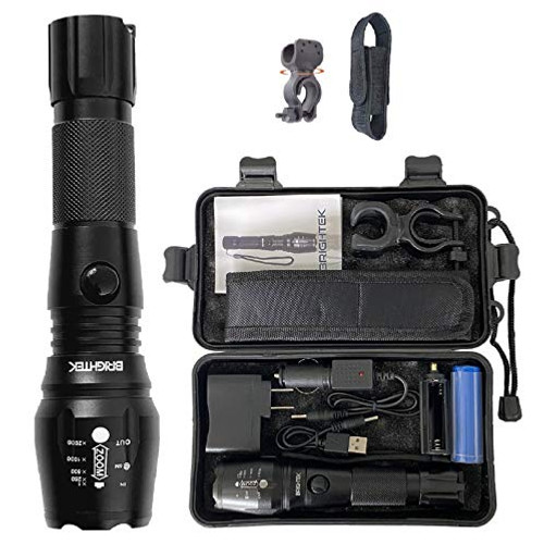 BRIGHTEK Flashlights High Lumens, Tactical Rechargeable Flashlight with Holster Super Bright 2000 CREE LED XML-T6, Zoomable, Best for Camping Emergency, Handheld big Torch with 18650 Battery & charger