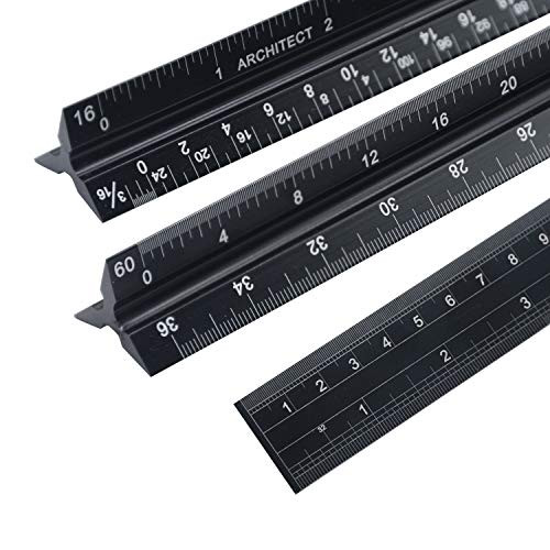 VoiceFly 3 Pack 12 Inch Architect and Engineer Scale Ruler Set, Aluminum Triangular Architectural Ruler, Imperial Metrical Conversion Ruler, Laser Etched Professional Drafting Tools for Blueprints