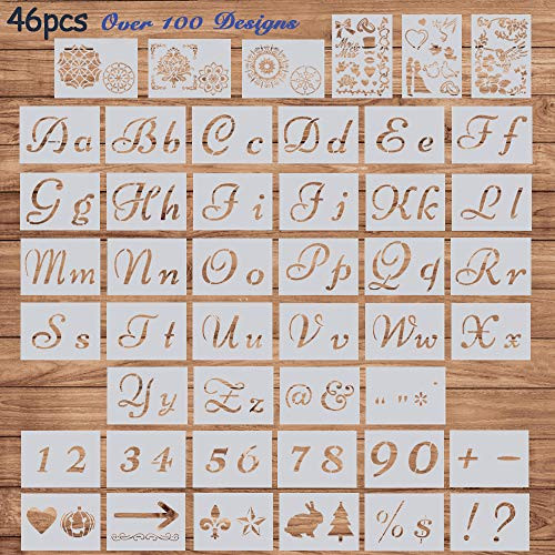 MMTX Letter Stencils for Painting on Wood Alphabet with Calligraphy Font Upper and Lowercase Letters Reusable Plastic Art Craft Stencils with Numbers Signs DIY Painting Drawing Templates-46pcs
