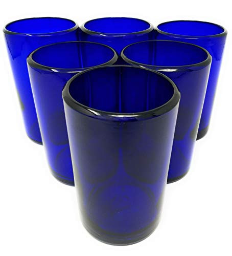 Hand Blown Mexican Drinking Glasses  Set of 6 Cobalt Water Glasses (14 oz each)