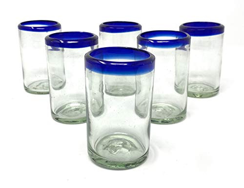 Hand Blown Mexican Drinking Glasses  Set of 6 Juice Glasses with Cobalt Blue Rims (8 oz each)