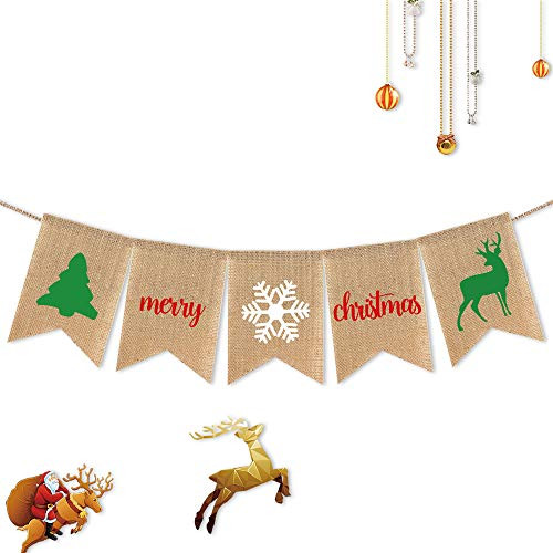 Burlap Merry Christmas Banner with Tree Elk Signs Party Mantel Fireplace Garland Decoration Supplies