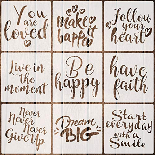 9 Pieces Word Stencils Inspirational Quote Stencils Resuable Plastic Motivational Templates for Word Art Works, Home Decor & DIY Projects