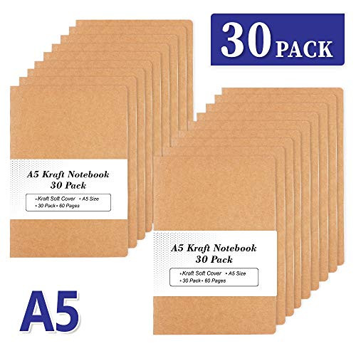 30 Pack Kraft Notebooks, A5 Feela 60 Lined Pages Notebooks and Journals for Women Girls Students Making Plans Writing Memos Office School Supplies, 8.3 X 5.5 in