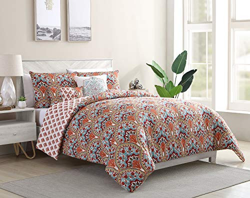 VCNY Home | Paiten Collection | Soft and Cozy Damask Pattern Reversible Comforter, Premium Lightweight and Breathable Microfiber 5 Piece Bedding Set, King, Red