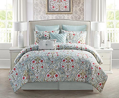 VCNY Home Evangeline Floral Damask 8-Piece Comforter Set, Queen, Blue