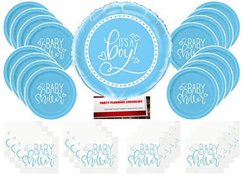 Blue It's a Boy Baby Shower Party Supplies Bundle Pack for 16 - Plates Napkins and 18 Inch Balloon (Plus Party Planning Checklist by Mikes Super Store)