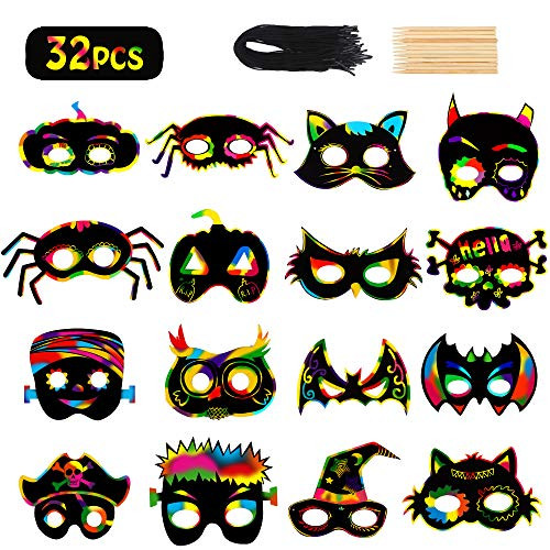 DIYASY 32 Pcs Halloween Scratch Art Masks,Magic Rainbow Craft Kits for Kids Ages 3-5 4-8 Halloween Birthday Decorations.