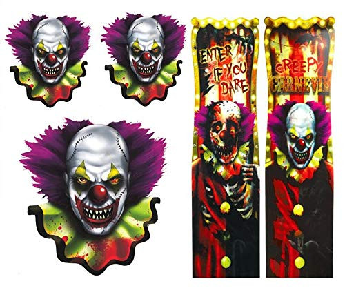 Creepy Carnival Decorations Zombie Halloween Lenticular Plastic Sign With (3)15" Scary Clown Cutouts