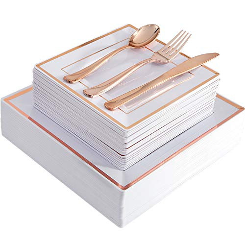 120 Pieces Rose Gold Plates with Disposable Silverware, Premium Heavyweight Plastic Square Plates Include: 24 Dinner Plates, 24 Dessert Plates, 24 Forks, 24 Knives, 24 Spoons