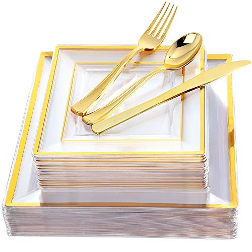 IOOOOO 120 Pieces Clear Gold Plastic Square Plates with Disposable Silverware, Disposable Plastic Dinnerware Include: 24 Dinner Plates 9.5", 24 Dessert Plates 7", 24 Forks, 24 Knives, 24 Spoons