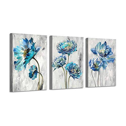 Abstract Floral Artwork Flower Picture: Teal Splash Painting on Canvas Art for Wall ? 16" x 12" x 3 Panels ?