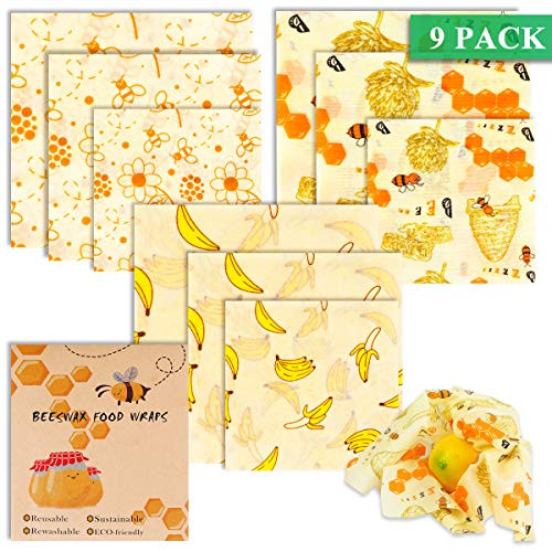 Reusable Beeswax Food Storage Wraps, Eco-Friendly, Organic, Biodegradable Sustainable - Food Storage Wrappers, Alternative To Plastic Bags, Organic Beeswax Wraps Cling Sandwich (9 PCS)
