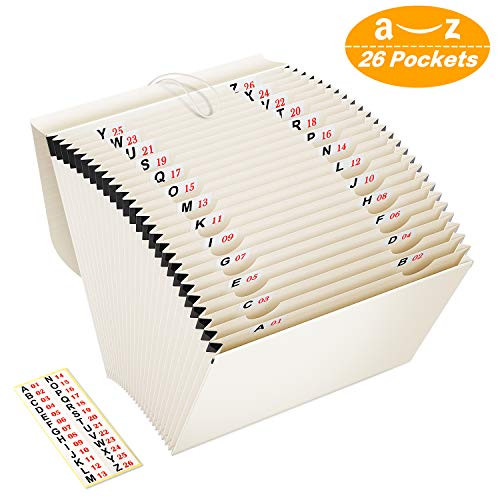 Accordian File Organizer 26 Pockets Filing Box Folders, Expanding File Folder, Letter Size/A4, Accordion Document Organizer, Portable File Box Expandable Paper Bill Receipt Boxes with A-Z Colored Tabs