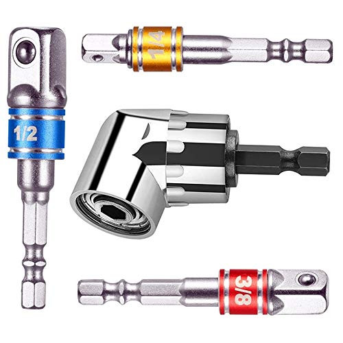 105 Degree Right Angle Driver Extension Screwdriver Drill Attachment 1/4"Drive Hex Bit+Universal Socket Adapter Set,3Pcs 1/4" 3/8" 1/2" Cr-V Hex Shank Impact Grade Socket Adapter