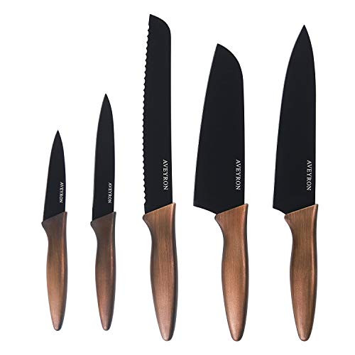AVEYRON Kitchen Knife Set,Stainless Steel Super Sharp Blade Chef Knife Set with FDA Grade Black Color Coating,Includes 8''Chef,8''Bread,7''Santoku,5''Utility and 3.5''Paring Knife