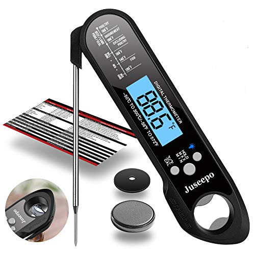 Juseepo Instant Read Waterproof Meat Thermometer - 3s Instant Read Ultra Fast Cooking Thermometer with Backlight & Calibration.Best Kitchen Food Thermometer for Cooking, Outdoor Grill and BBQ(Black)