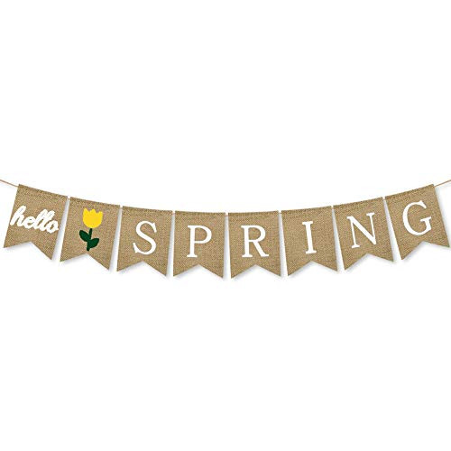 SWYOUN Burlap Hello Spring with Flower Banner Mantel Fireplace Supplies Bunting Garland Decoration
