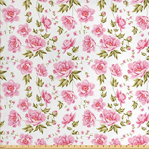 Lunarable Floral Fabric The Yard, Peony Floral Pattern The Leaves Vintage Style in Graphic Print Boho Art, Decorative Fabric Upholstery Home Accents, 2 Yards, Green Pink White