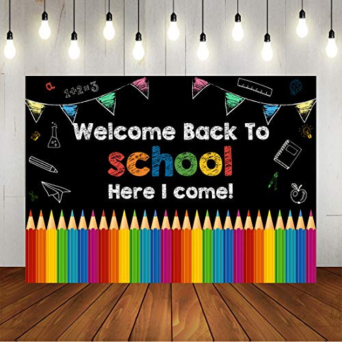 Back to School Theme Backdrop First Day of School Watch Out Here I Come Backgound Cartoon Blackboard Chalk Pencil Cake Table Decoration Party Banner Photo Booth 7x5ft