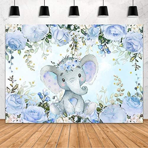 Aperturee Boy Elephant Baby Shower Backdrop 7x5ft Blue Flowers Floral Kids It's a Boy Photography Background Newborn Banners Party Decoration Cake Table Photo Booth Studio Props Favors Supplies